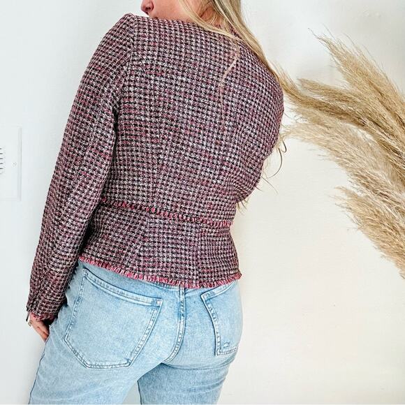 WHBM Pink Black Red Tweed Woven Peplum Ruffle Fringe Moto Zip Blazer Jacket 4 - Picture 9 of 15